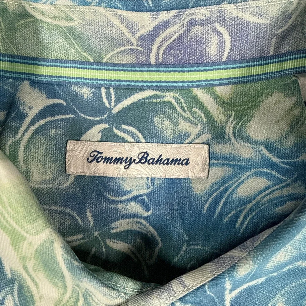 Tommy Bahama Mens Large IslandZone Silk Blend Blue Green Tropical Floral Shirt